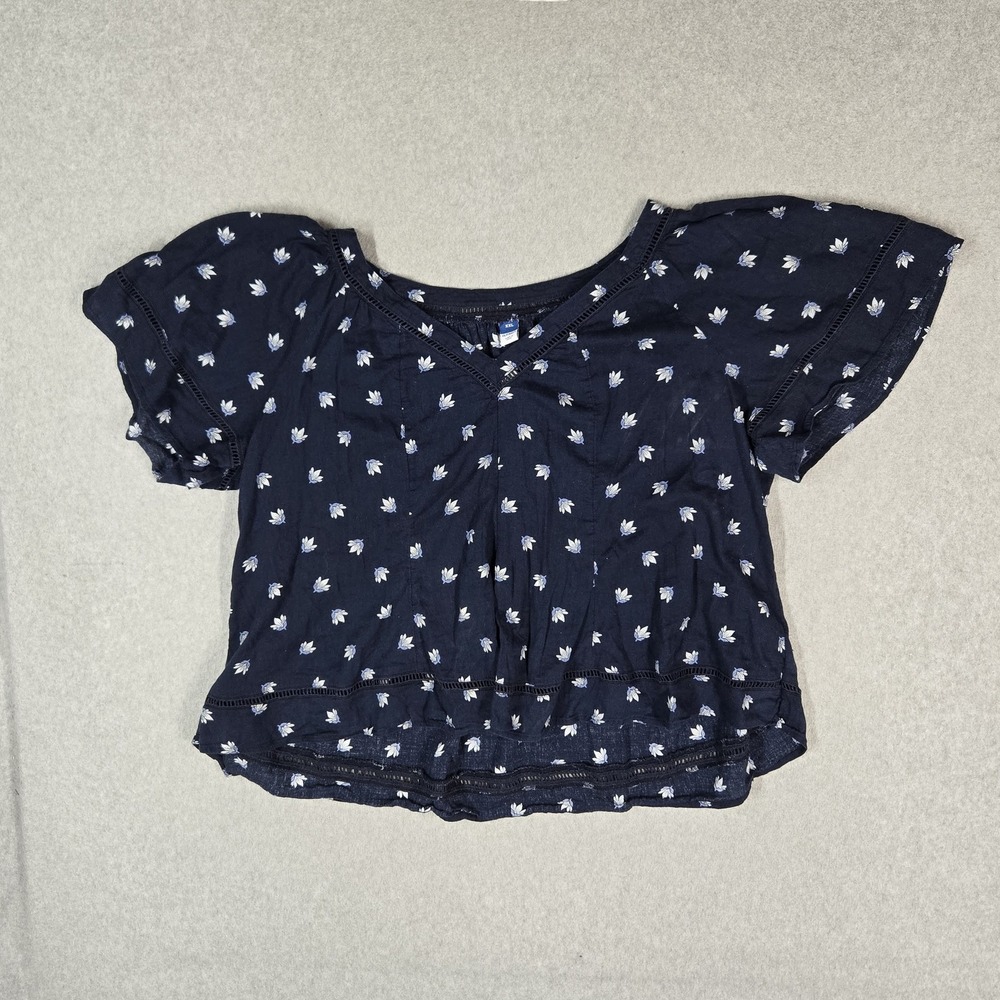 Old Navy Women Blouse XXL Navy Floral Peasant Lace Scoop Neck Pullover